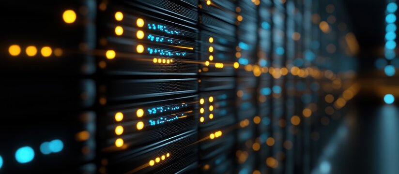 Abstract view of luminous servers and data processing with modern technology