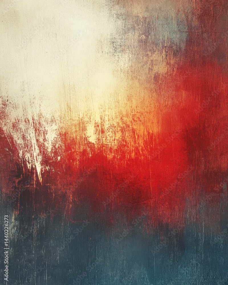 Poster abstract expressionist canvas painting dramatic red and blue colors vertical composition artistic te