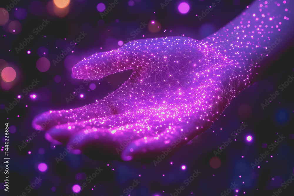 Poster a digital network of luminescent dots and polygonal connections radiating from the hand.