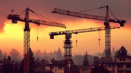 Two construction cranes at sunset, silhouetted against an orange sky and a hazy forest, city buildings in foreground.
