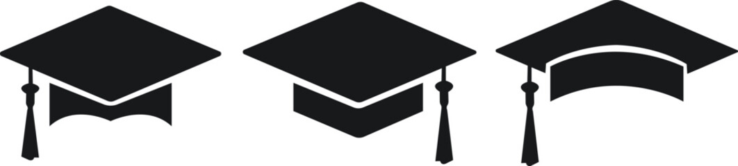 Graduation hat cap flat icons set. Academic degree pictogram vectors. Graduation student black cap, diploma signs. University graduation ceremony symbols collection isolated on transparent background.
