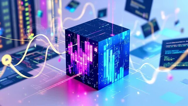 Futuristic data cube with flowing energy lines in a digital information technology environment