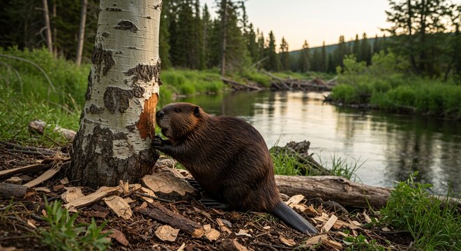 A beaver gnawing on a tree trunk near a river with a forest in the background at dusk or dawn light