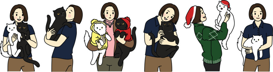 A vector set of Cat people kitten Mom Cool pet and owner Family cat Me and my kitten black and white cat Cute animal, cute lady