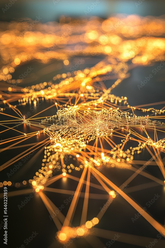 Poster Golden network connecting digital nodes futuristic technology abstract rendering with warm lights background