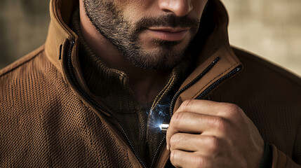 Man Zipping Up a Brown Jacket