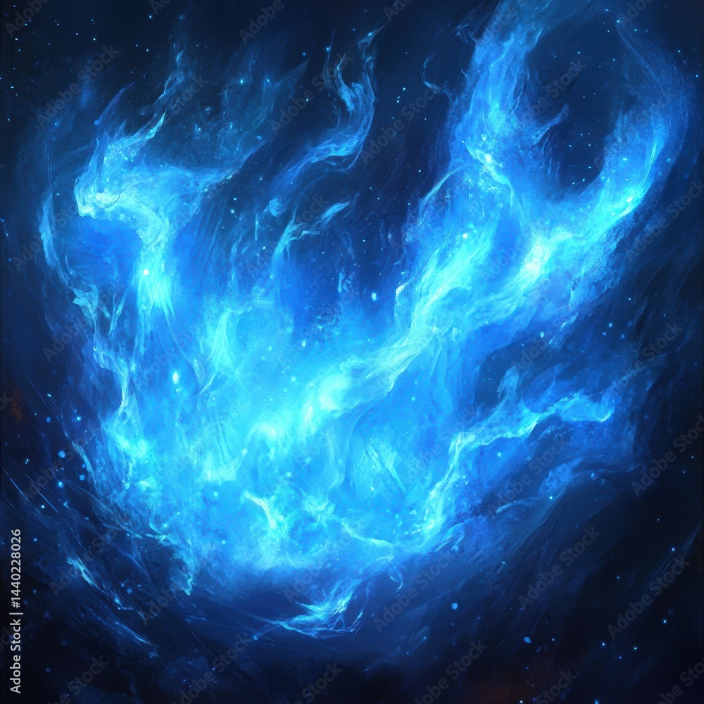 Poster ethereal blue energy swirling nebula in cosmic space digital art with dark background abstract style