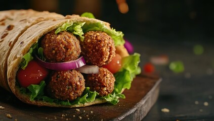 Freshly Wrapped Tortilla with Flavorful Falafel Balls, Crisp Vegetables, and Vibrant Colors for Healthy Eating and Culinary Delight