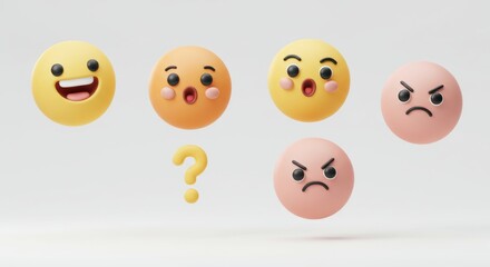 Naklejka premium Emotional Orbs: 3D Render of Expressive Faces with Question Mark on White.