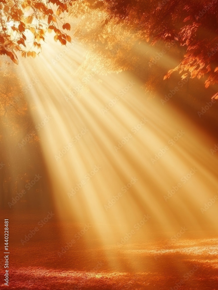 Poster sunlight filtering through the autumnal forest canopy creating beams of light and warmth in autumn s