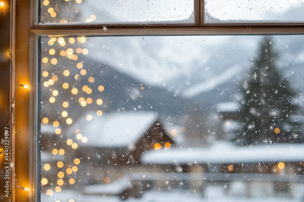Aufkleber festive window view of snowy mountain scenery with warm christmas lights and gentle falling snowflak