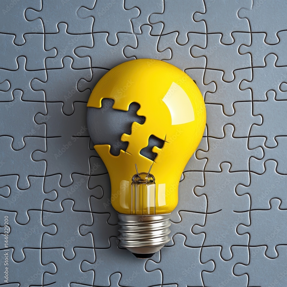 Poster creative concept of light bulb with puzzle pieces reflecting idea generation on gray puzzle backgrou