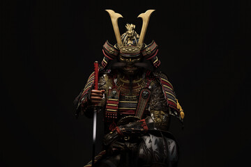 3D illustration of a samurai wearing traditional Japanese armor and holding a sword on a dark background
