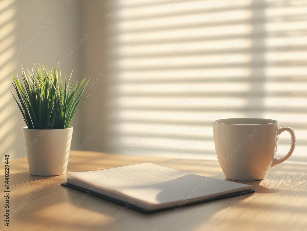 Aufkleber serene morning workspace with coffee notepad and plant in soft light creating calm and productive at