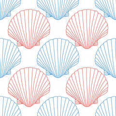 Tropical seashells seamless pattern. Mediterranean summer abstract background. Hawaii marine background.Vector folk art Hand drawn illustration for seasonal design, surface,textile,holiday vacation.