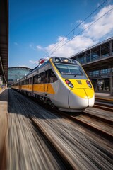High speed train departs platform, blurring motion on rails. Travel