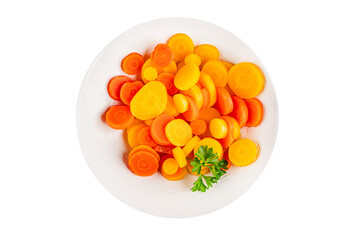 Carrot rings slice boiled vegetable dish fresh gourmet food background on the table rustic food top view copy space vegetarian and vegan food