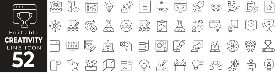 Creativity Innovation Thin Line Icon Set. Ideas, Invention, Design, Brainstorming, and More. Vector Illustration.