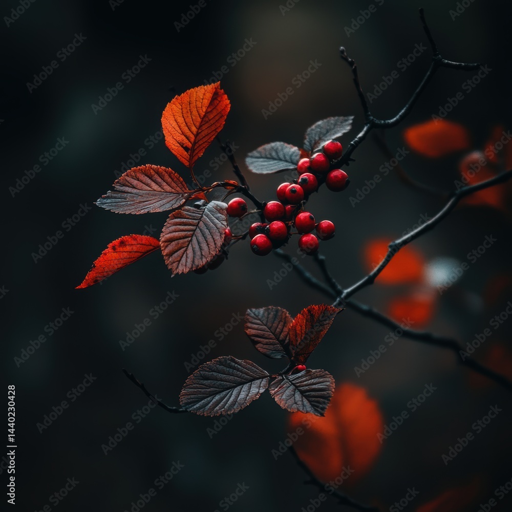 Poster autumnal berries and colorful leaves on branches against a dark background in a moody botanical sett