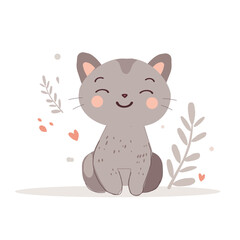 Cute kitten vector illustration, cartoon character ,grey cat drawing on white background
