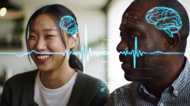Two friends are enjoying their time together at a trendy cafe, sharing laughter and engaging in conversation while technology highlights their emotional sync and brain activity.