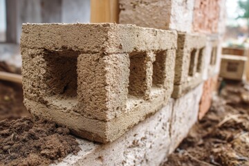 Rustic Wall Construction Featuring Hollow Concrete Blocks and Damp Ground Ready for Additional Work