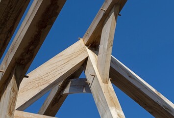 Oak wood condstruction of a house or barn. Architecture. Craft.