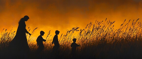 Family walking through golden grass at sunset