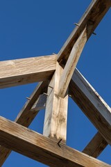 Oak wood condstruction of a house or barn. Architecture. Craft.