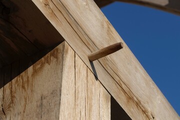Oak wood condstruction of a house or barn. Architecture. Craft.