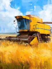 Fototapeta premium Vivid Artistic Rendition of Golden Combine Harvester Amidst Field Under Bright Sky Captures Rural Essence