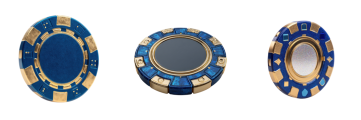 Blue Casino Chips with Gold Details Isolated on Transparent Background