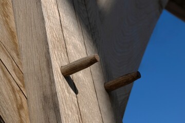 Oak wood condstruction of a house or barn. Architecture. Craft.