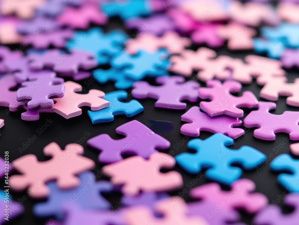 Poster colorful puzzle pieces scattered on a black background unity and collaboration concept macro still l