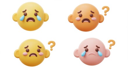 Fototapeta premium Crying and Confused: 3D Rendered Emoji Faces with Question Marks.