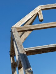Oak wood condstruction of a house or barn. Architecture. Craft.