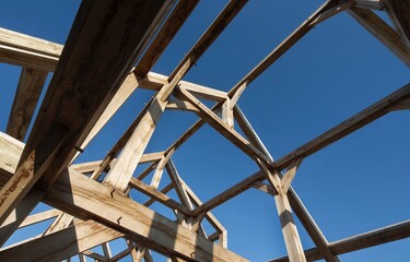 Oak wood condstruction of a house or barn. Architecture. Craft.