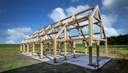 Oak wood condstruction of a house or barn. Architecture. Craft.