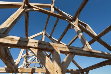 Oak wood condstruction of a house or barn. Architecture. Craft.