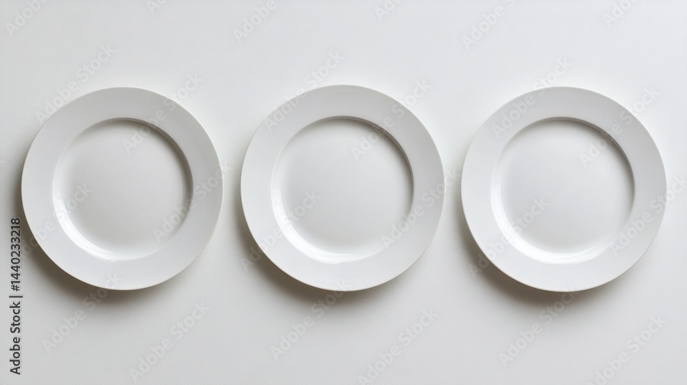 Poster symmetrical placement of five white plates in a row, captured from above on a white background
