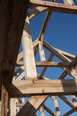 Oak wood condstruction of a house or barn. Architecture. Craft.