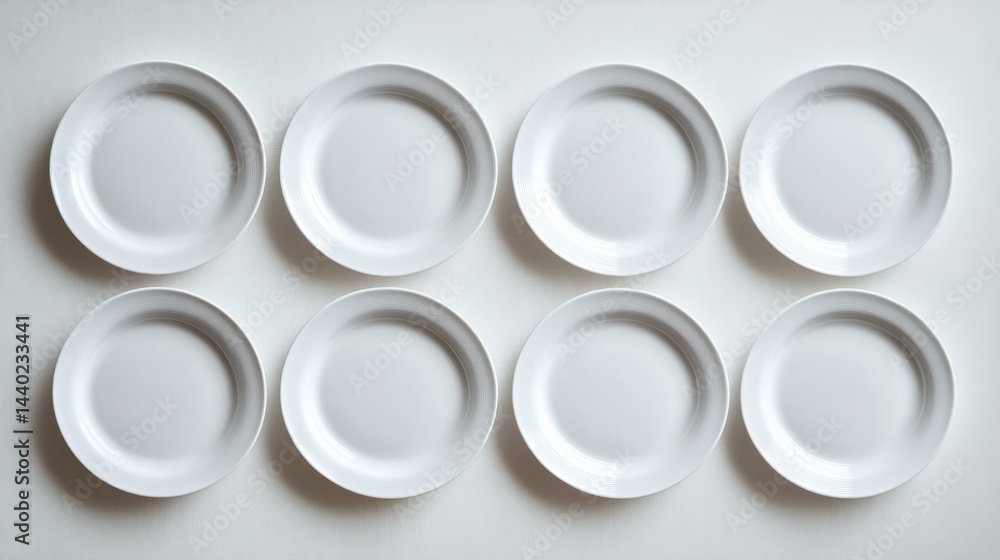 Poster symmetrical alignment of eight empty white plates side by side, clean and simple, top-down view