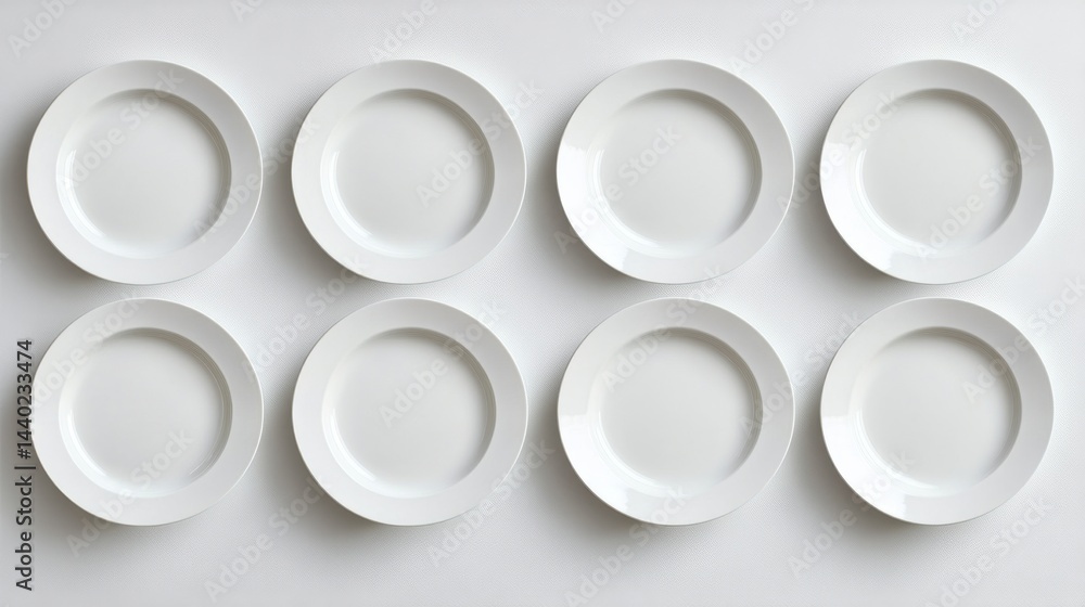Poster symmetrical alignment of eight empty white plates side by side, clean and simple, top-down view