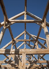 Oak wood condstruction of a house or barn. Architecture. Craft.