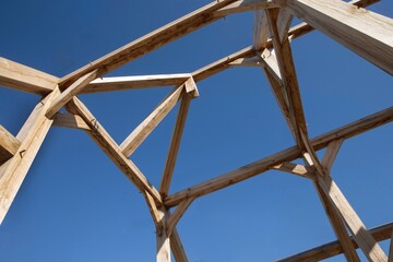 Oak wood condstruction of a house or barn. Architecture. Craft.