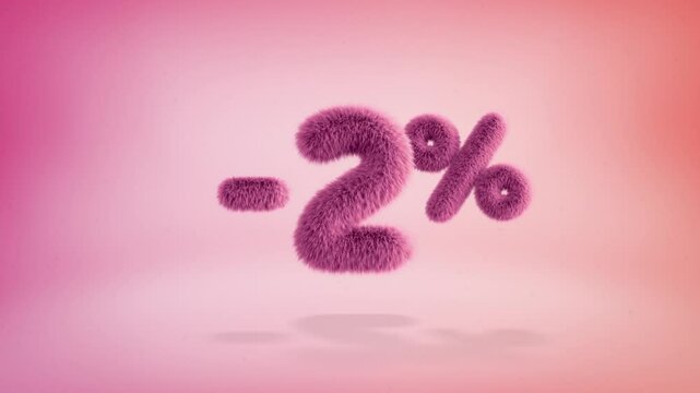 2% pink fluffy numbers and symbols on a simple gradient background with particles. Looping animation of 3D text countdown 2 percent sale