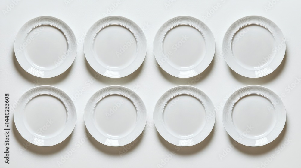 Poster symmetrical alignment of eight empty white plates side by side, clean and simple, top-down view