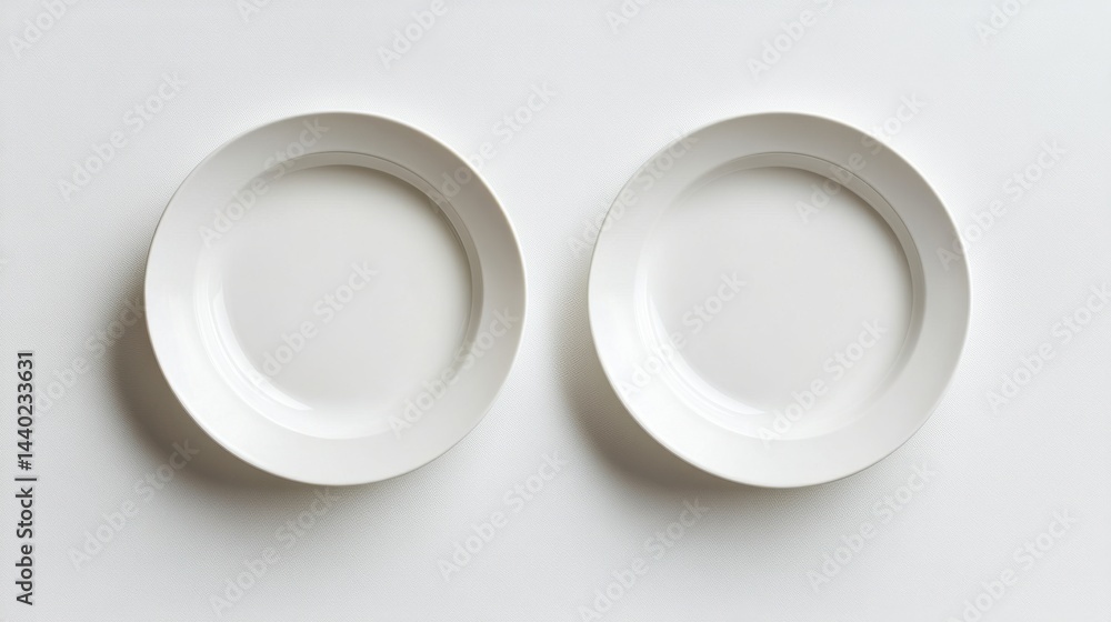 Poster a top-down view of two empty white plates side by side on a clean white background