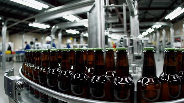 Beer bottles on conveyor belt at brewery factory