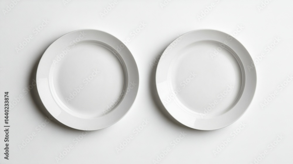Poster a top-down view of two empty white plates side by side on a clean white background